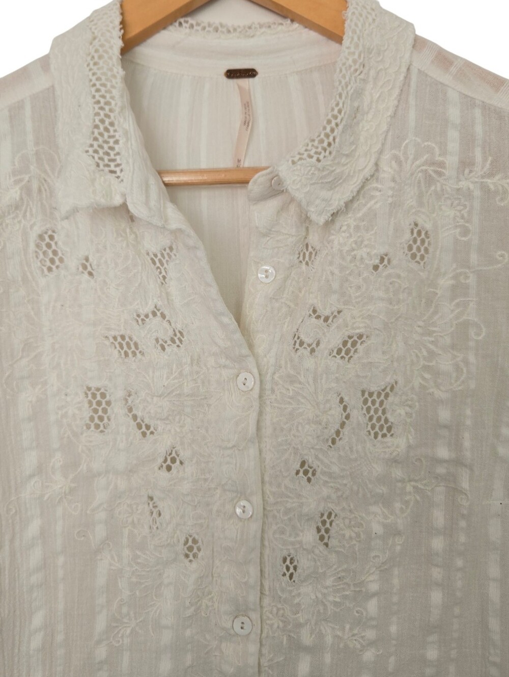 Free People Romantic Ivory Lace Embroidered Sheer Button Up Blouse Boho Cottagec - Picture 3 of 6